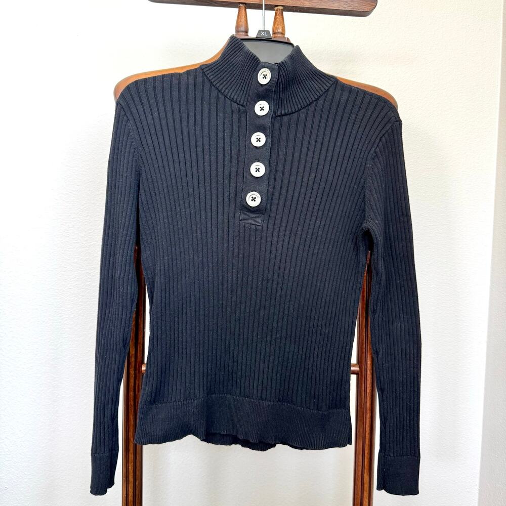 Ralph Lauren LRL Rib Knit Cotton Sweater M Black Mock Neck Button Pullover Y2K